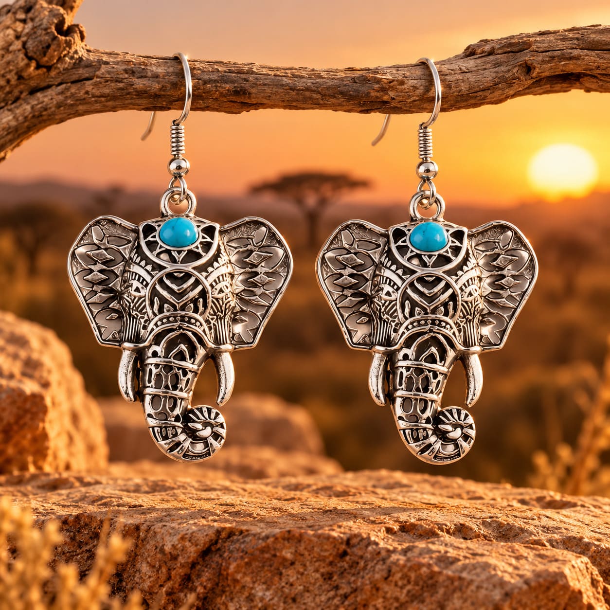 Boucle d’Oreille Tête d’Éléphant et Pierre Turquoise