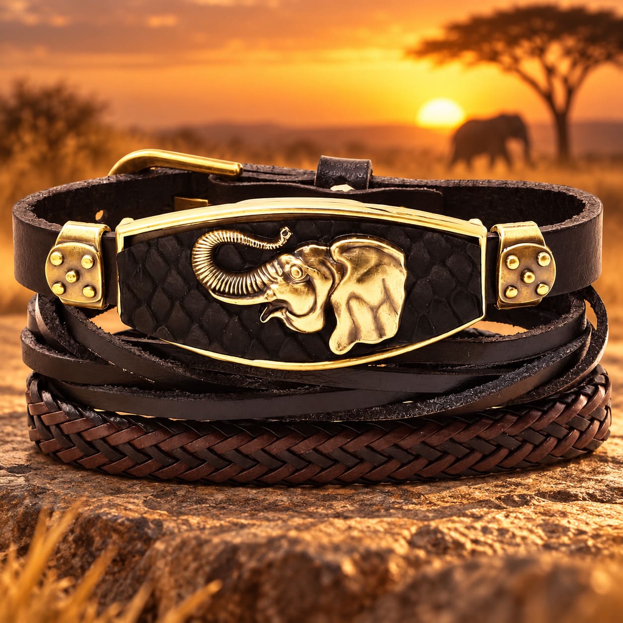 Bracelet Cuir Noir - Tête d'Éléphant Doré