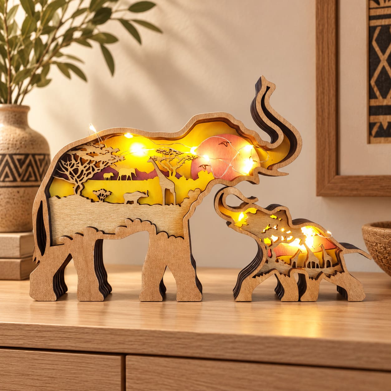 Statue Éléphant en Bois Lumineuse
