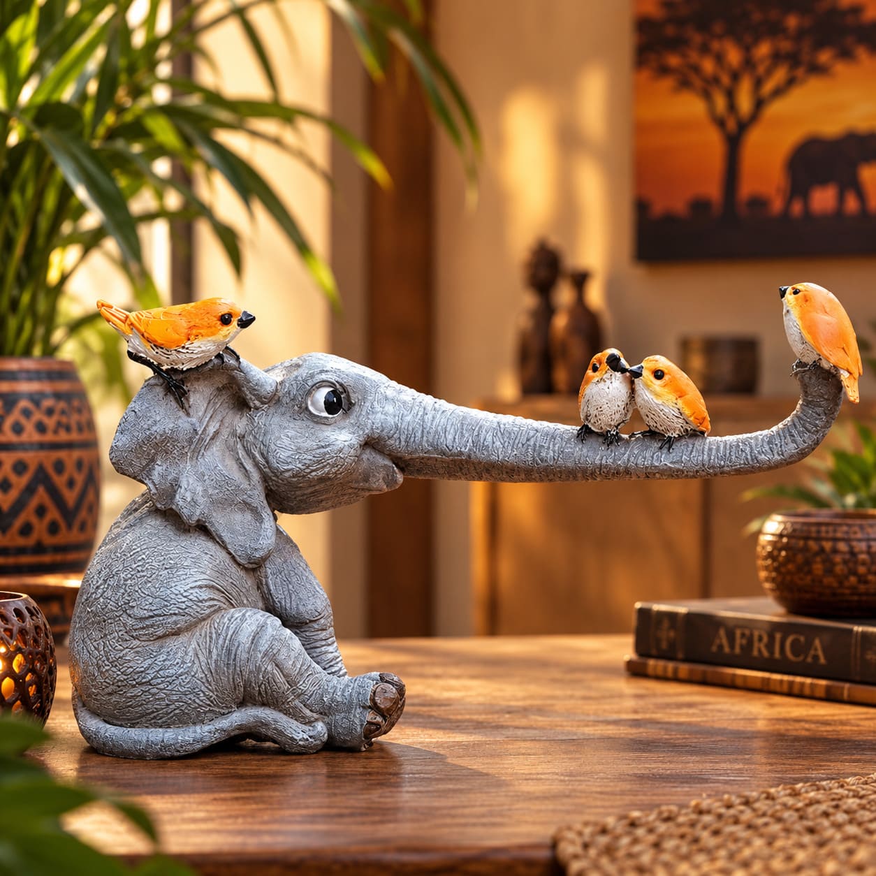 Statuette Éléphant Insolite – Oiseaux sur la Trompe
