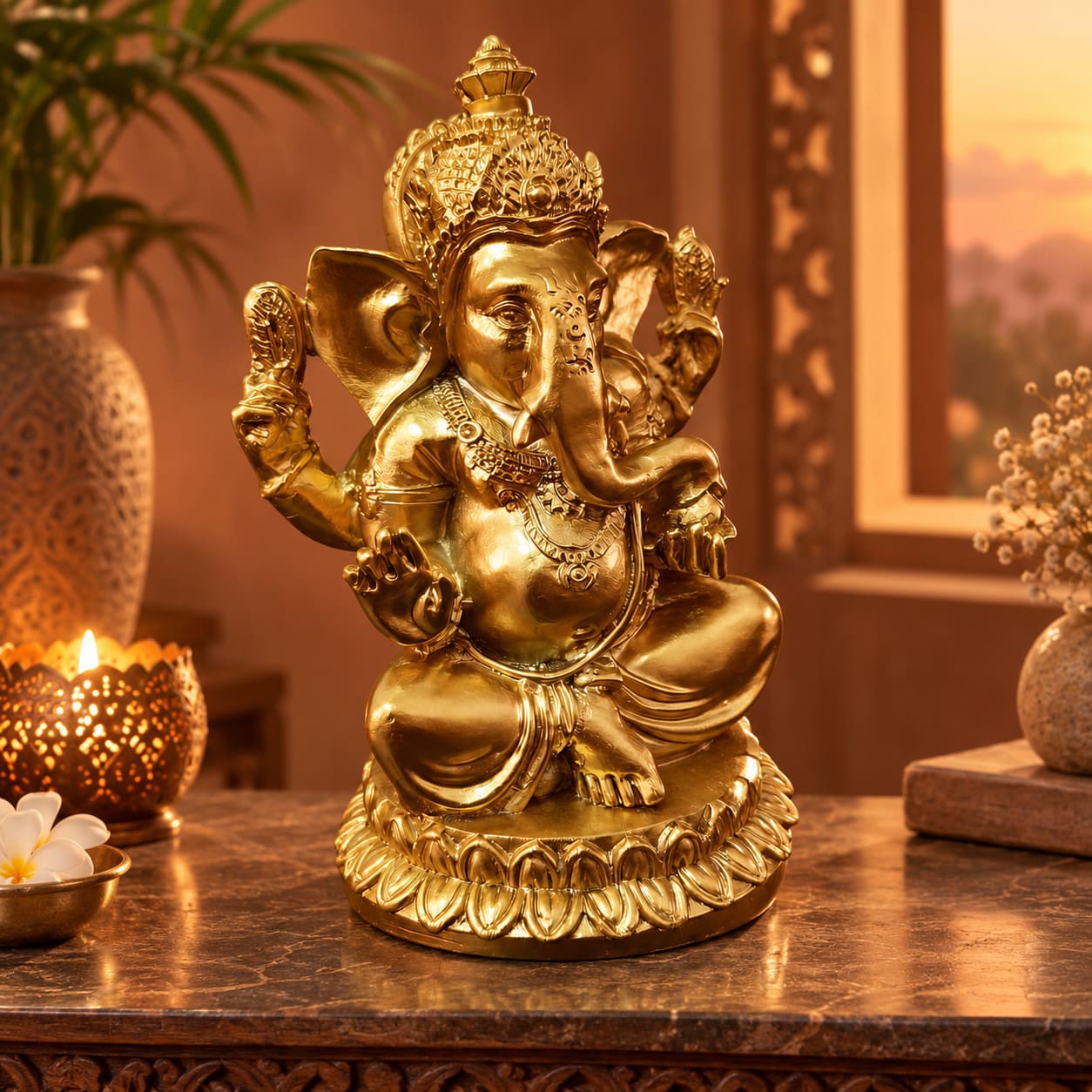 Statuette Ganesh Assis Dorure Divine