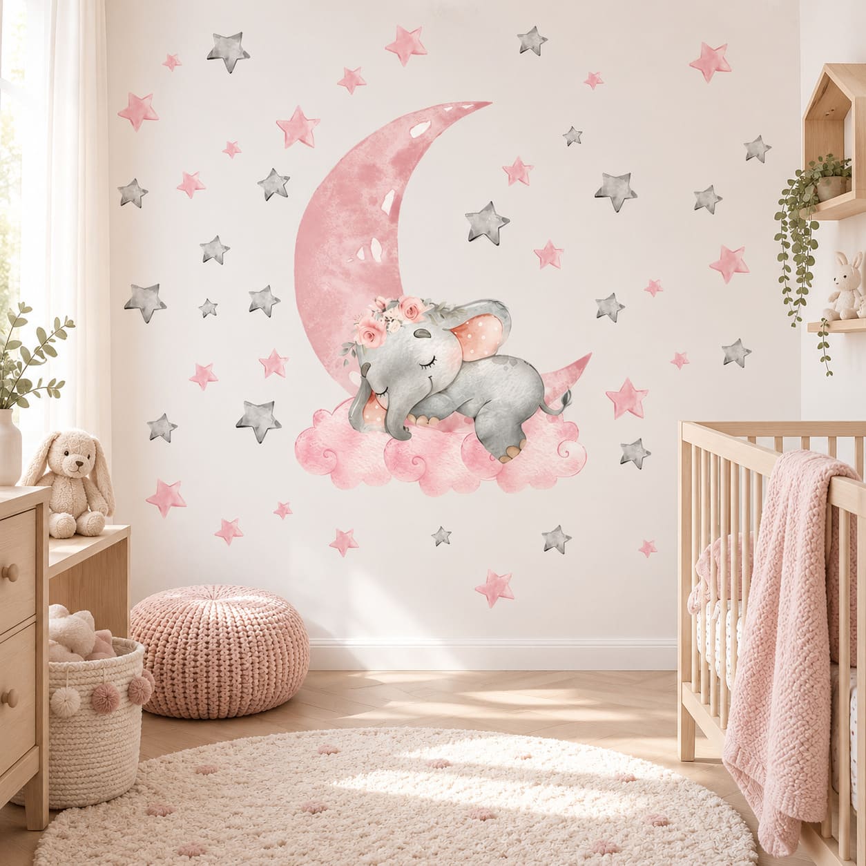 Stickers Mural Éléphant Chambre Fille - Lune Rose