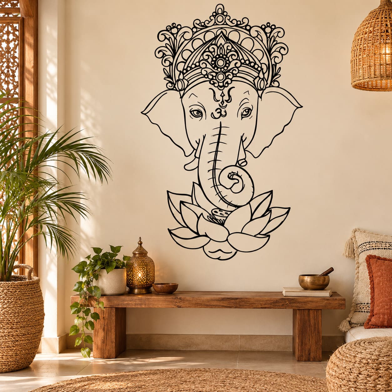 Stickers Mural Tête de Ganesh & Lotus Céleste