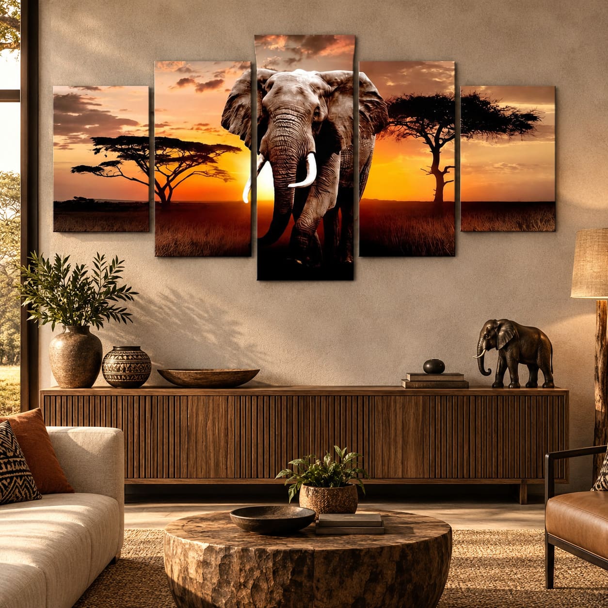 Tableau Éléphant 5 Parties – Savane d’Afrique