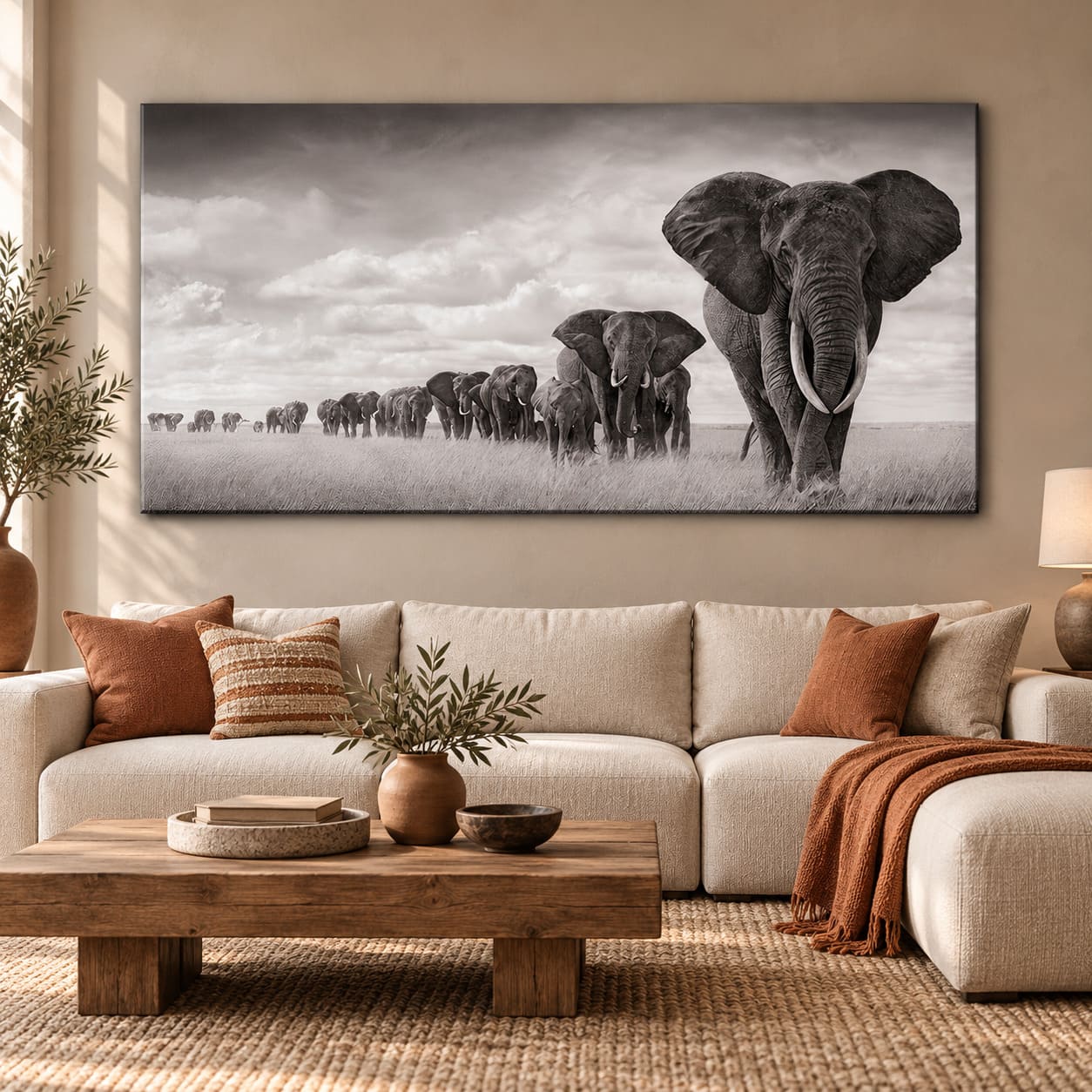 Tableau File d’Éléphants en Savane – Noir et Blanc