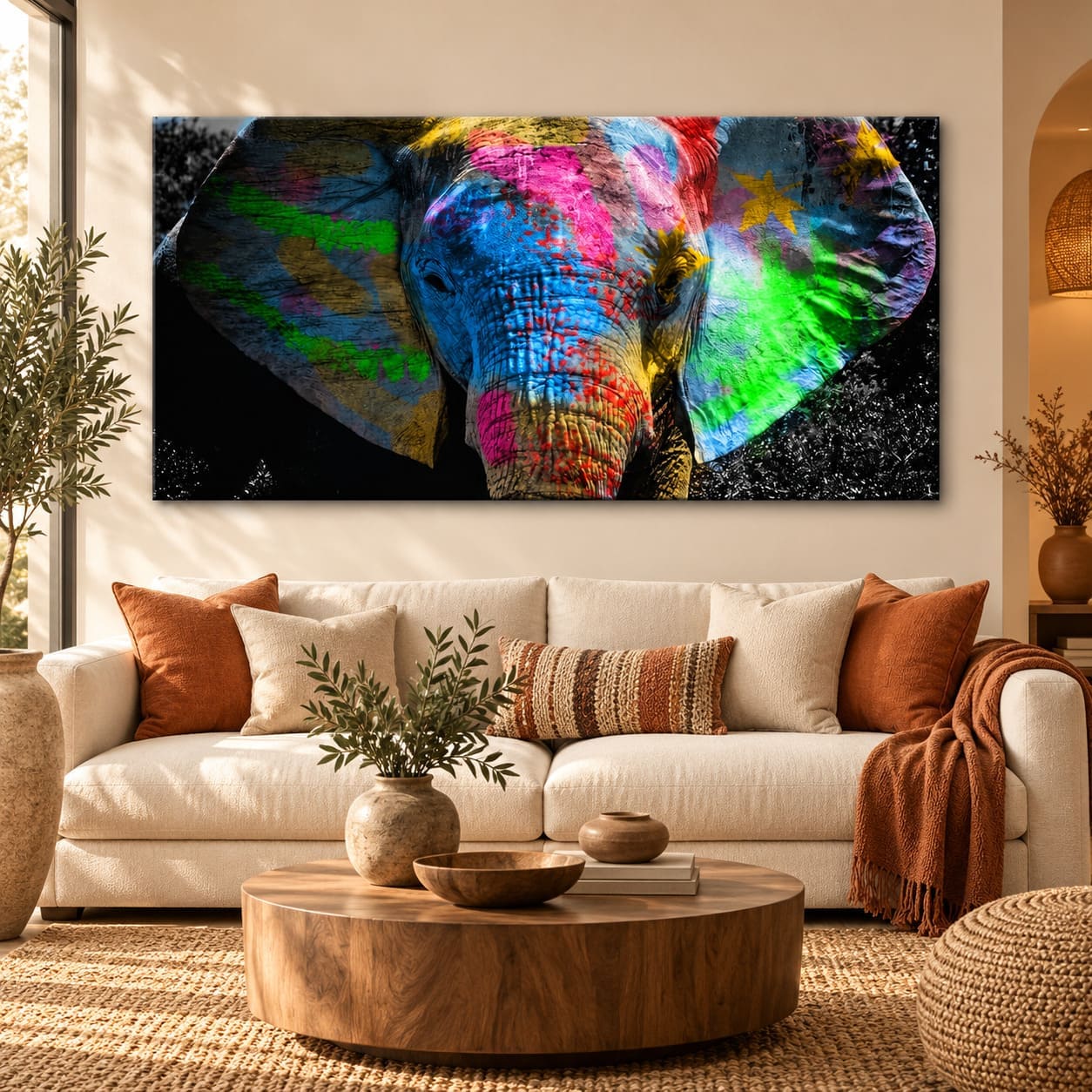 Tableau Tête d’Éléphant Tâches Multicolores