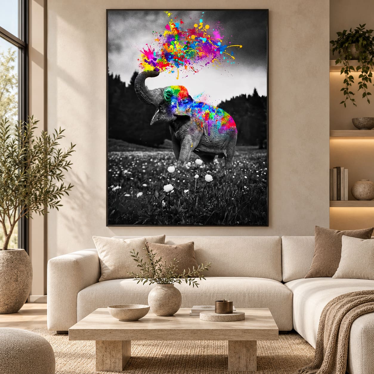Toile Éléphant Noir et Blanc – Trompe en l’Air et Couleurs Explosives