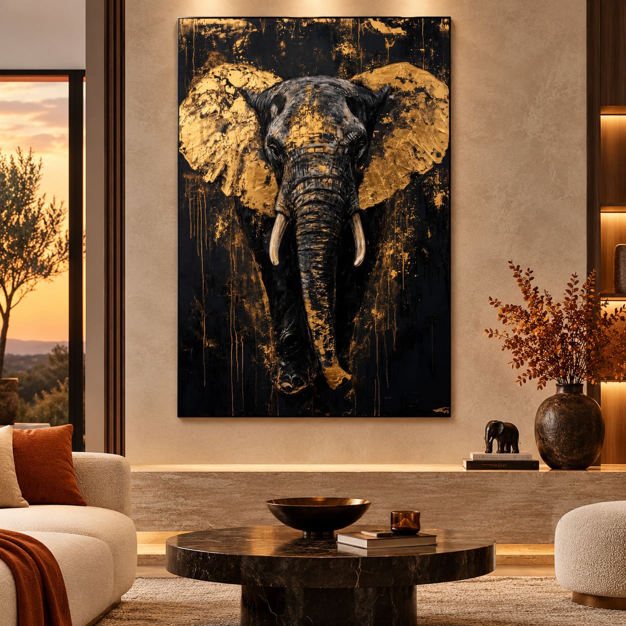 Tableau Éléphant Doré sur Fond Noir